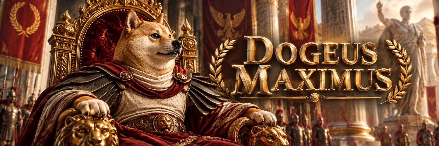 Dogeus Maximus, a shiba inu emperor on a gilded throne beneath Roman banners